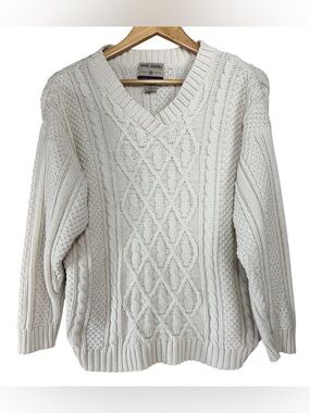 Vintage High Sierra Aran Cable Knit Sweater Men's M Ivory Crewneck Fisherman